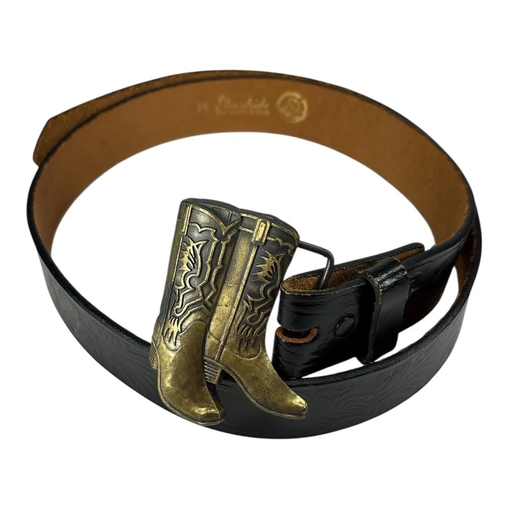 Cowboy Boots Buckle Men's Black Floral Embossed Leather Western Belt Size 38